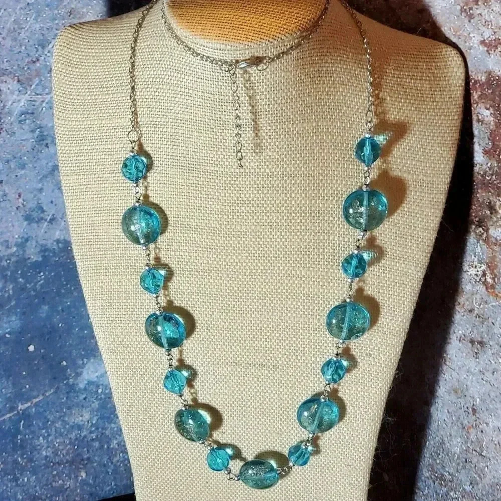 Handcrafted Aqua Blue Copper Sand Murano Glass Long Silver Chain Necklace